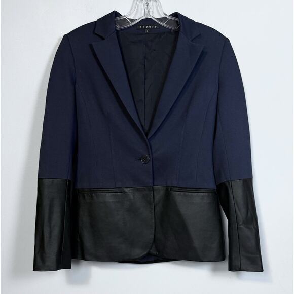 THEORY Shinna C Pryor Blazer Leather / Viscose Combo Navy / Black-Brown Size 4 - Picture 5 of 16